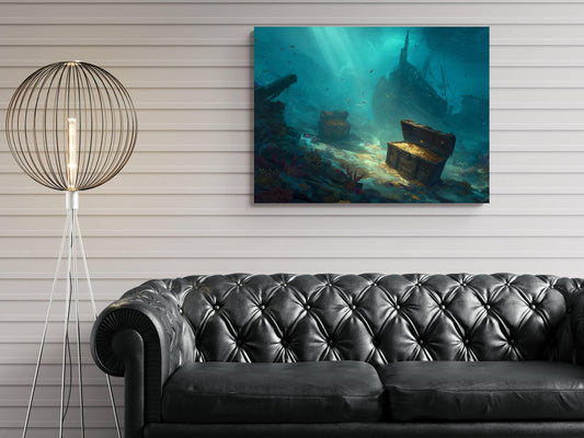 Underwater Shipwreck Treasure Canvas, Sunken Pirate Gold Print, Ocean Floor Discovery Wall Decor, Turquoise Marine Painting