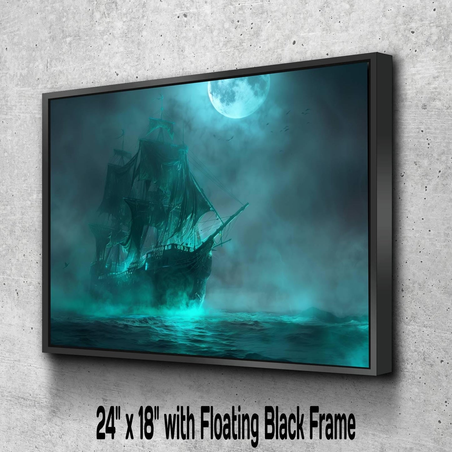 Ghost Ship Canvas Print, Ethereal Pirate Vessel Wall Decor, Spectral Galleon Teal Fog Painting, Haunted Maritime Fantasy Artwork