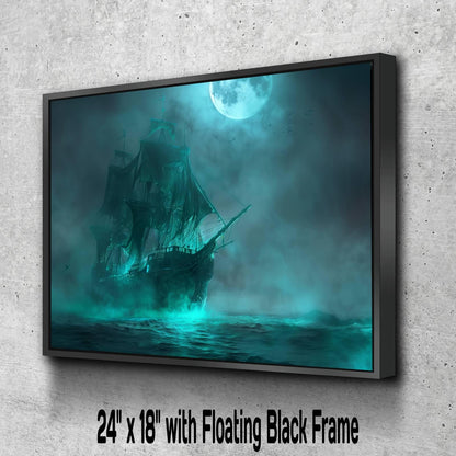 Ghost Ship Canvas Print, Ethereal Pirate Vessel Wall Decor, Spectral Galleon Teal Fog Painting, Haunted Maritime Fantasy Artwork