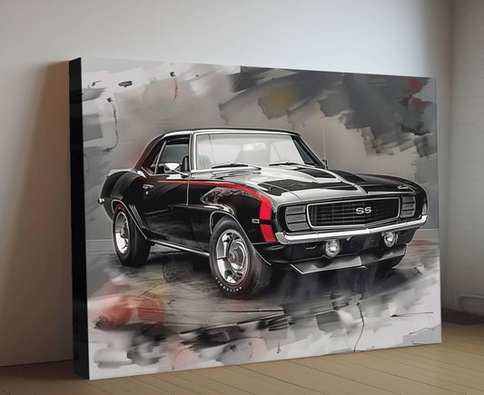 1969 Chevrolet Camaro RS/SS Black and Red Canvas Print | Vintage Auto Wall Art Decor | Retro Muscle Car | Car Lovers Poster Gift