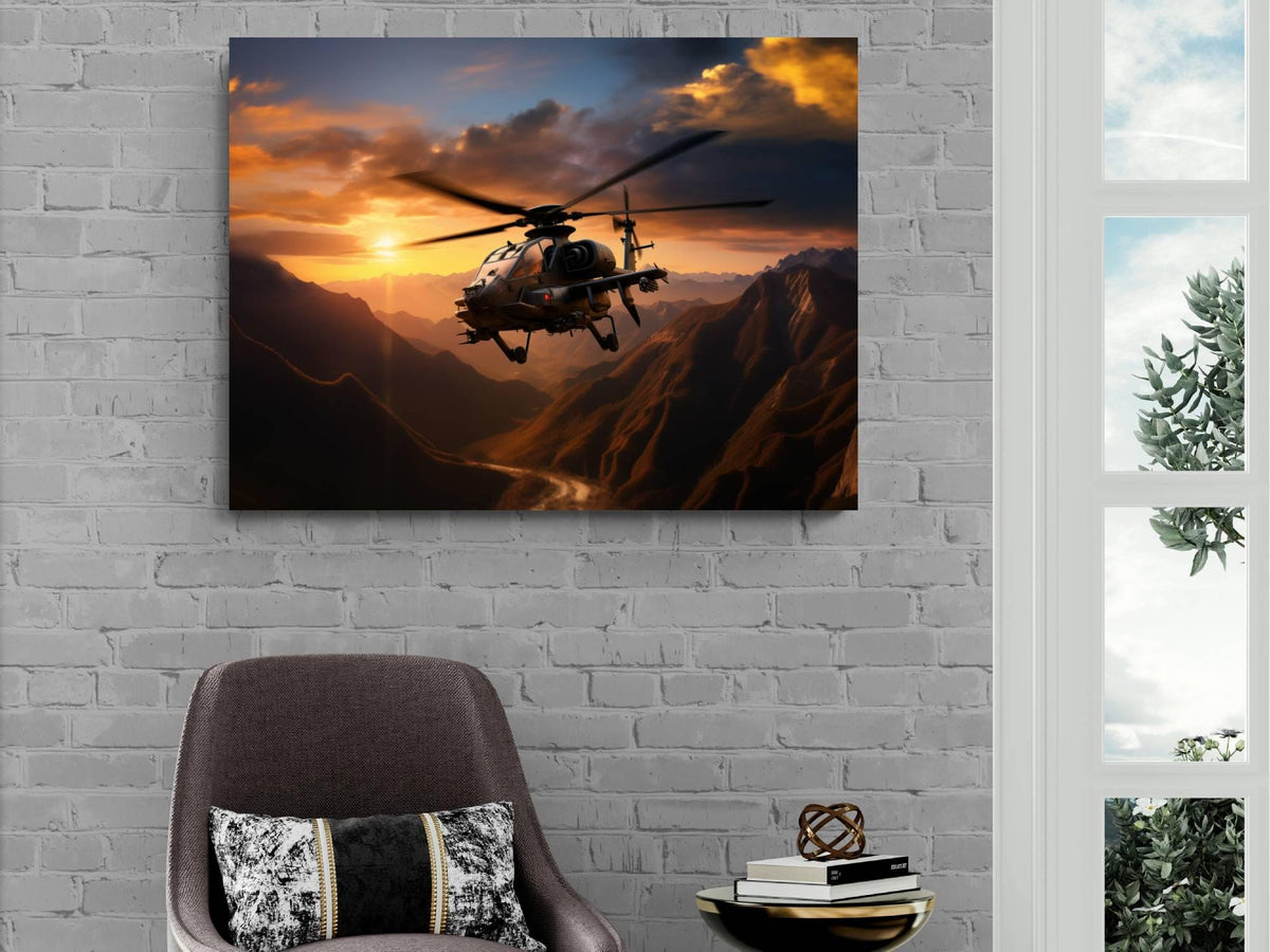 A large canvas print depicting a helicopter flying over a mountainous landscape at sunset, with a brick wall and a window in the background.