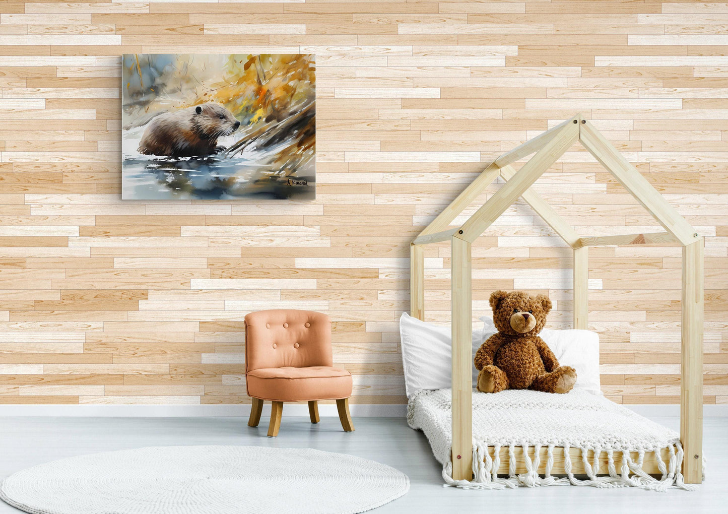 Beaver in Stream | Watercolor Forest Series | Canvas Print | Wildlife Art | Cabin Art | Archer Kincaid