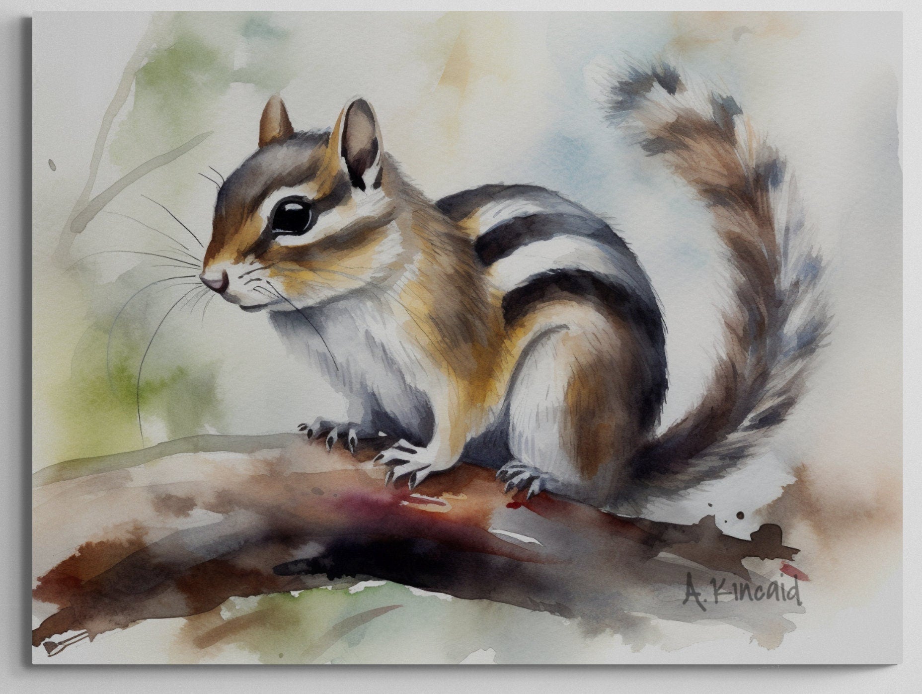 a painting of a chipmunk sitting on a branch