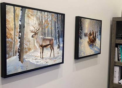 Winter Reindeer Forest Print | Snowy Woodland Stag Wall Art | Christmas Deer Nature Painting | Holiday Wildlife Scene | Rustic Animal Decor