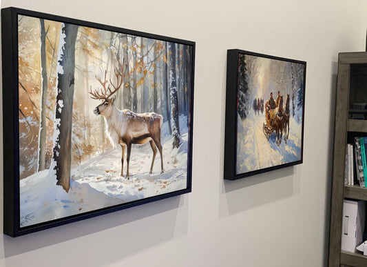 Winter Reindeer Forest Print | Snowy Woodland Stag Wall Art | Christmas Deer Nature Painting | Holiday Wildlife Scene | Rustic Animal Decor