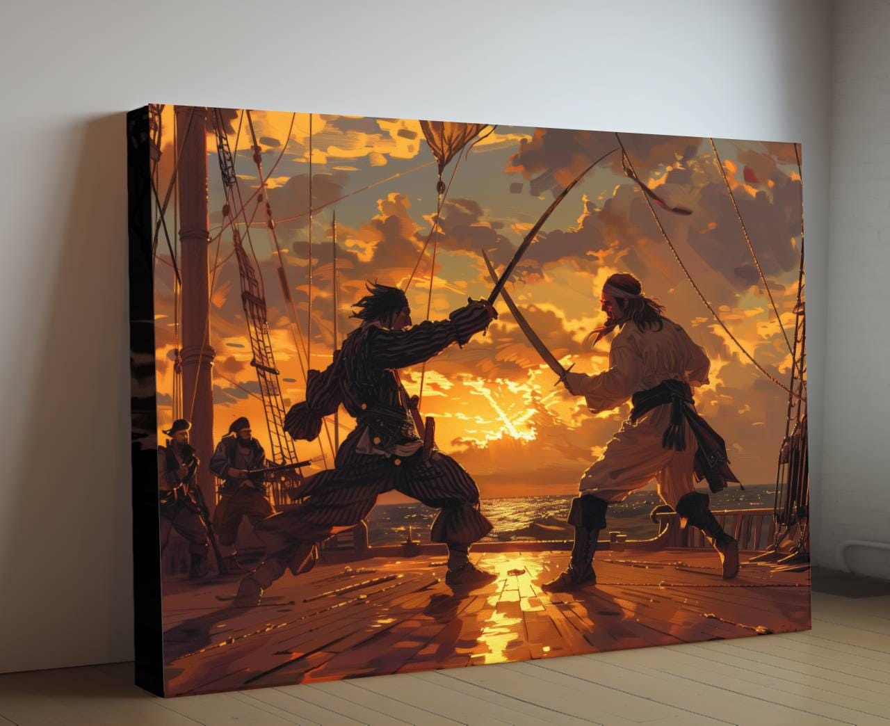 Pirate Sword Duel Canvas, Sunset Deck Battle Print, Swashbuckling Action Wall Decor, Golden Hour Maritime Combat Painting