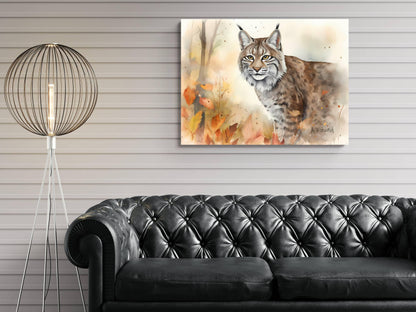 a black leather couch in a living room setting, with a painting of a bobcat hanging on the wall above it.