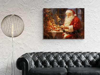 Enchantment in the Workshop - Santa Claus at Work, Festive Christmas Oil Painting, Holiday Wall Decor, Vintage Santa Art Canvas Print