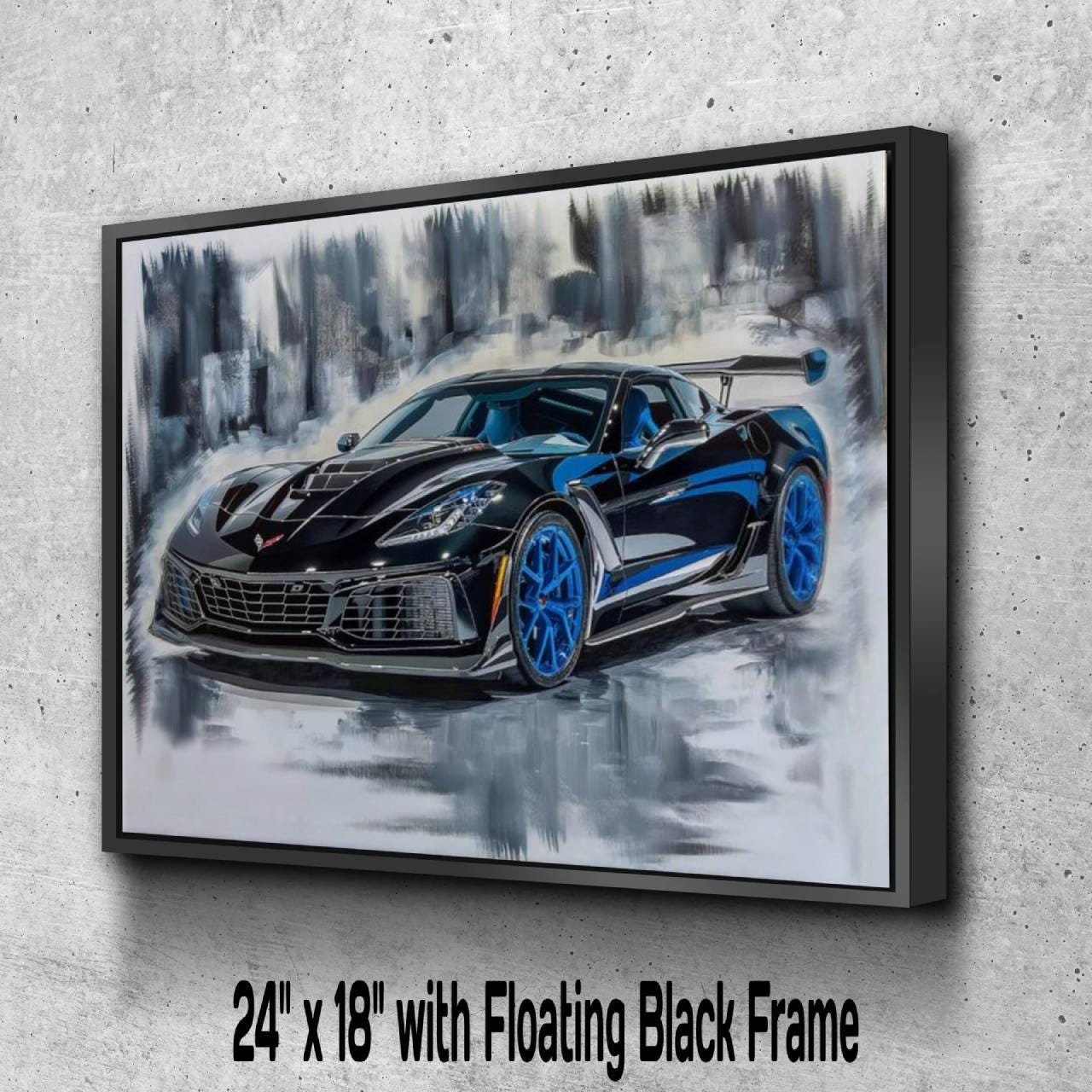 2025 Chevrolet Corvette ZR1 Canvas Print | Black Blue Sports Car Auto Wall Art | New Sports Car | Car Lovers Poster Gift | C8 Vette Chevy