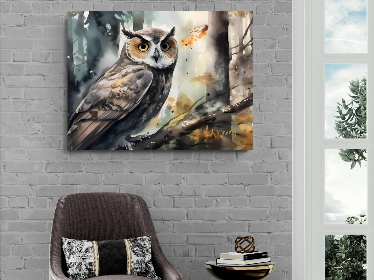 a painting of an owl perched on a branch, hanging on a brick wall.