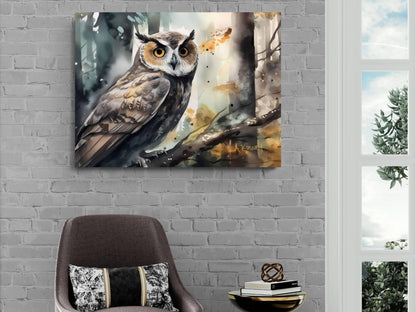 a painting of an owl perched on a branch, hanging on a brick wall.