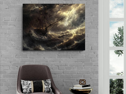 Pirate Ship Severe Storm Canvas, Lightning Tempest Print, Massive Waves Wall Decor, Dramatic Maritime Disaster Painting