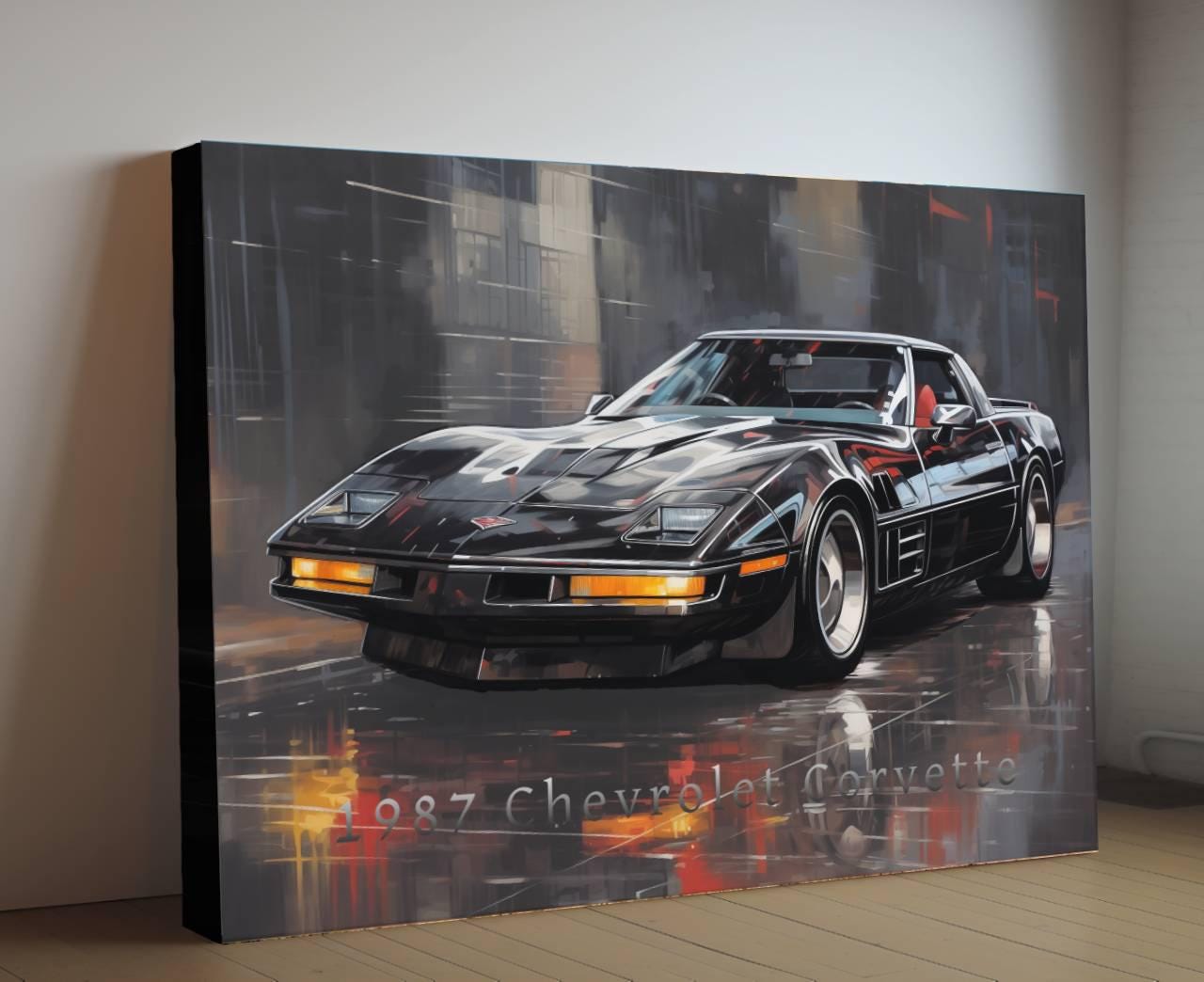 1987 Chevrolet Corvette Convertible Canvas Print | Auto Wall Art Decor | Retro Sports Car | Car Lovers Poster Gift | C4 Black Vette Mancave