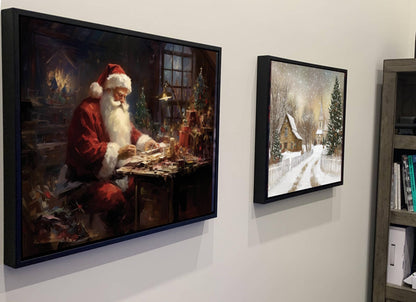 Vintage Santa Claus Canvas Print, Christmas Eve Planning Scene, Festive Workshop Art, Holiday Decor, Seasonal Wall Art, Gift for Christmas