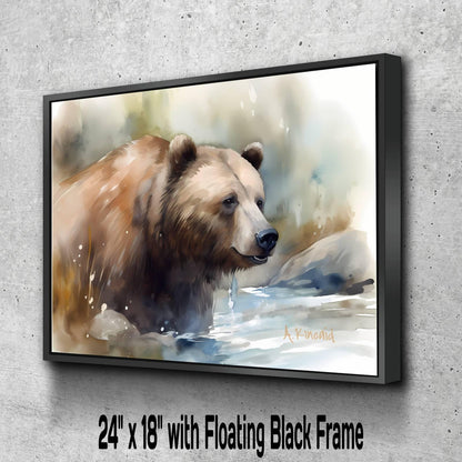 A painting of a brown bear standing in a body of water, with a floating black frame.