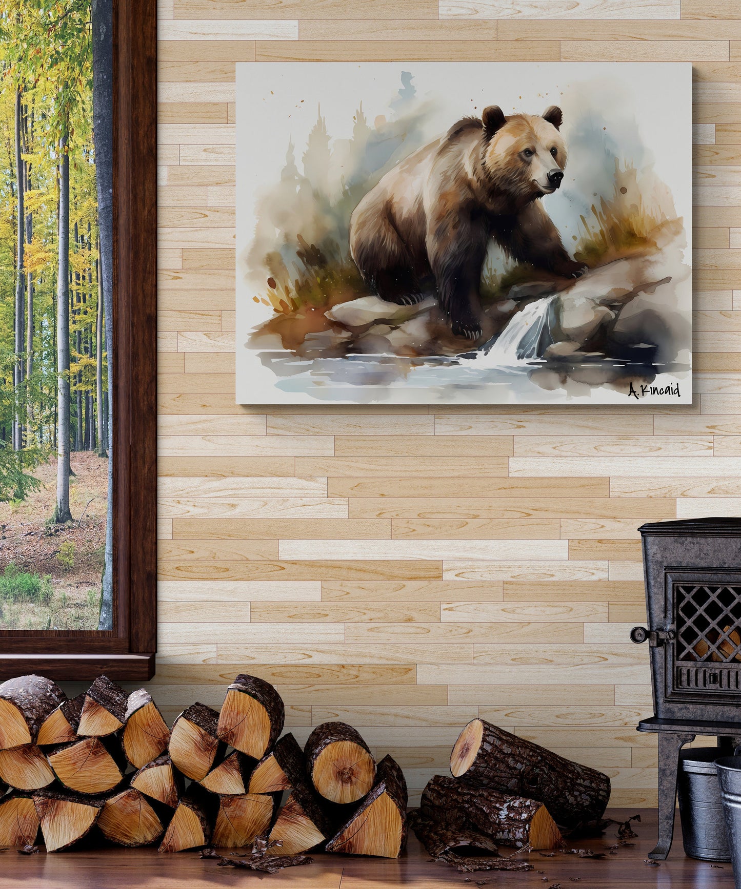 Grizzly Bear on River Bank | Brown Bear Watercolor Forest Series | Canvas Print | Wildlife Art | bear watercolor | Archer Kincaid