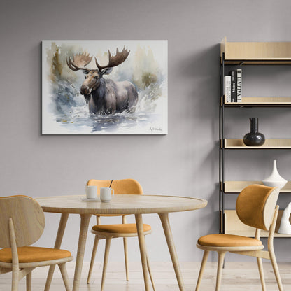 Moose in River #1 | Canvas Print | Wildlife Art | Cabin Art | Forest Art | Archer Kincaid