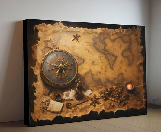 Pirate Treasure Map Canvas Art, Vintage Compass Print, Nautical Navigation Wall Decor, Old World Map Painting, Maritime Adventure Art