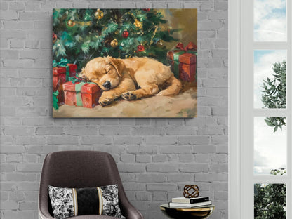 Christmas Puppy Art Print | Golden Retriever Holiday Wall Decor | Sleeping Dog Under Tree | Xmas Gift Present Painting | Cozy Pet Art