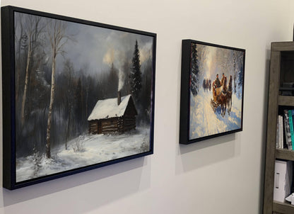 Winter Log Cabin Print | Snowy Forest Cottage Wall Art | Rustic Woodland Home Painting | Cozy Winter Retreat Scene | Country Cabin Decor