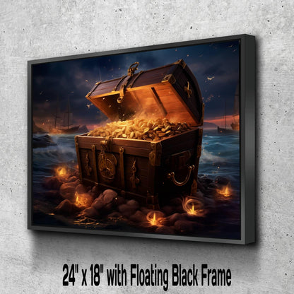 Pirate Treasure Chest Canvas Art, Gold Coins Beach Print, Nautical Adventure Wall Decor, Maritime Wealth Painting, Sunset Ocean Art