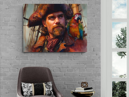 Pirate Captain with Parrot Canvas, Macaw Bird Portrait Print, Colorful Nautical Wall Decor, Oil Painting Style Maritime Artwork