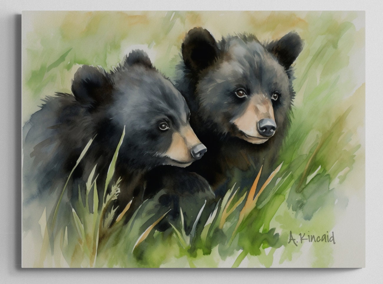 a painting of two bears in the grass