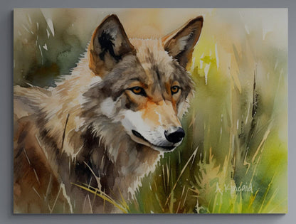 a painting of a wolf in the grass