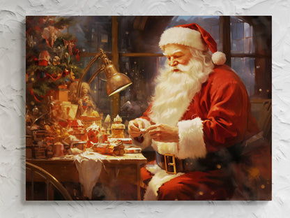 Enchantment in the Workshop - Santa Claus at Work, Festive Christmas Oil Painting, Holiday Wall Decor, Vintage Santa Art Canvas Print