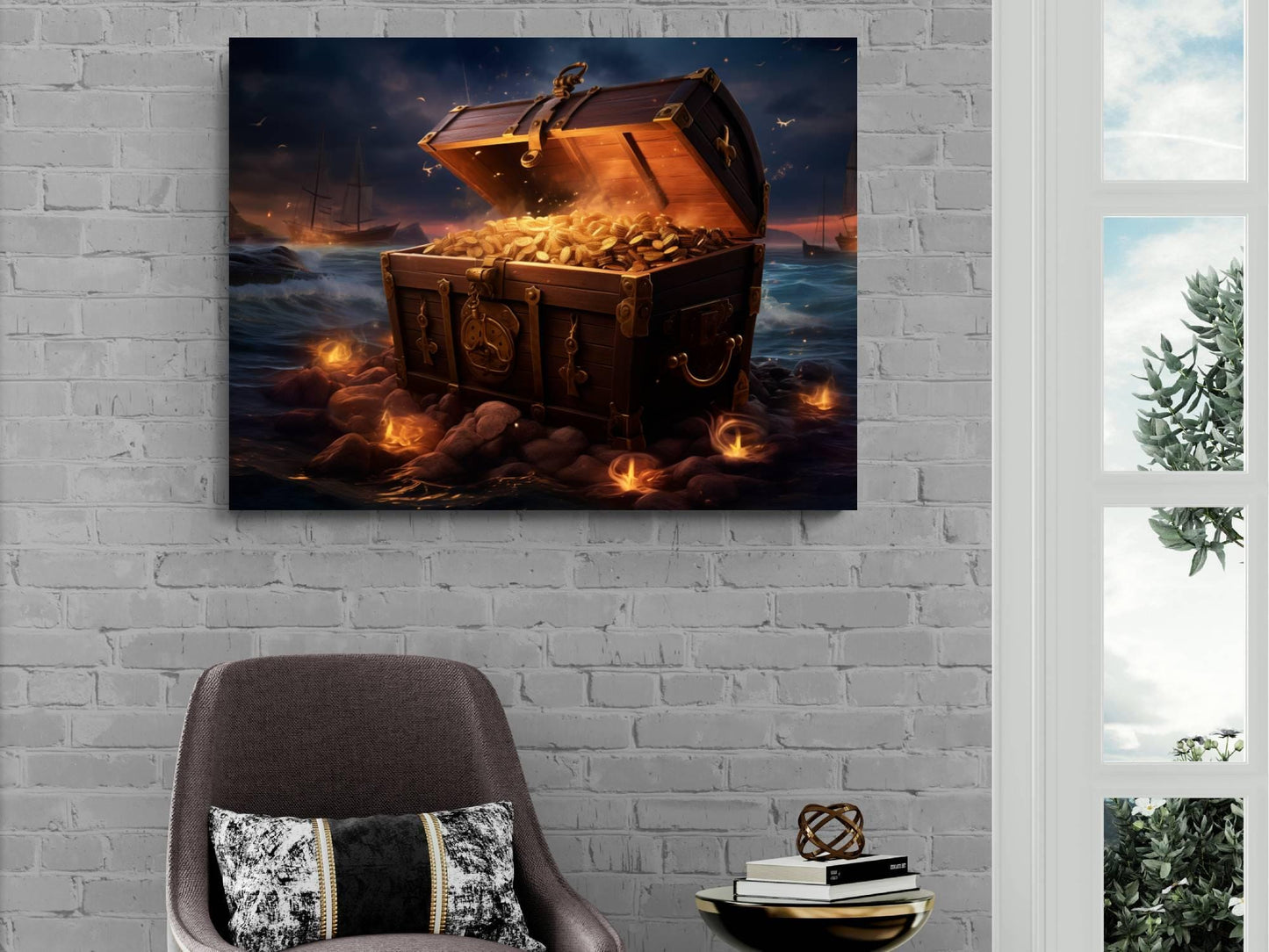 Pirate Treasure Chest Canvas Art, Gold Coins Beach Print, Nautical Adventure Wall Decor, Maritime Wealth Painting, Sunset Ocean Art