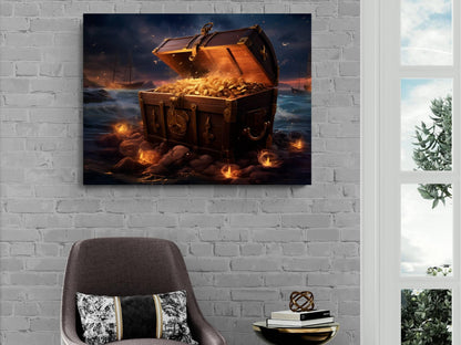 Pirate Treasure Chest Canvas Art, Gold Coins Beach Print, Nautical Adventure Wall Decor, Maritime Wealth Painting, Sunset Ocean Art