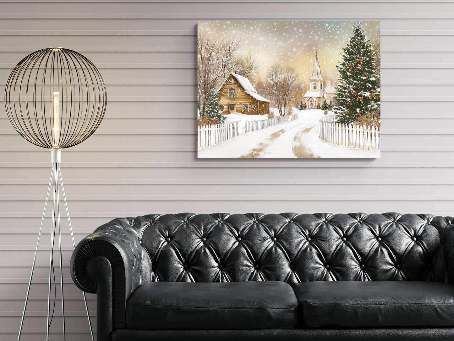 Snowy Christmas Village Print | Winter Church Scene Wall Art | Holiday Cottage Decor | Festive Snow Landscape | Xmas Tree Home Decor