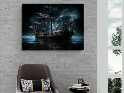 Pirate Ship Canvas Wall Art, Dark Gothic Nautical Painting, Vintage Sailing Ocean Print, Moody Maritime Home Decor, Galleon Art