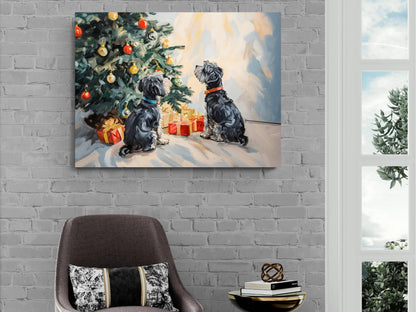 Christmas Dogs Art Print | Schnauzer Holiday Wall Decor | Puppies Under Tree Ornaments | Xmas Pets Gift Painting | Festive Animal Scene
