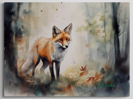a painting of a fox in the woods