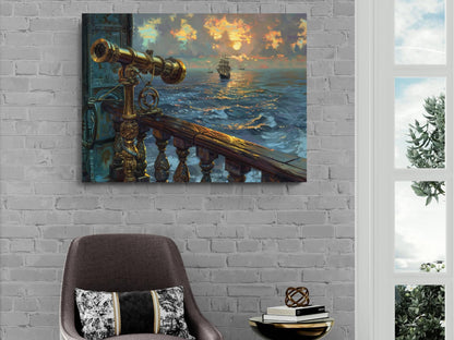 Brass Pirate Spyglass Telescope Canvas, Ornate Navigation Tool Print, Sunset Ocean View Wall Decor, Maritime Equipment Painting