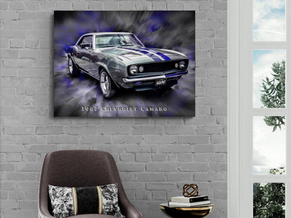 1967 Chevrolet Camaro Silver and Blue Canvas Print | Vintage Auto Wall Art Decor | Retro Muscle Car | Car Lovers Poster Gift