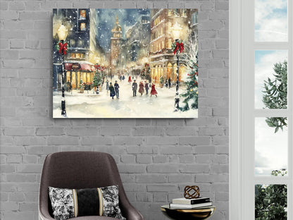 Victorian Christmas Village Print | Snowy Town Square Wall Art | Holiday Watercolor Painting | Festive Winter Scene | Vintage Xmas Decor