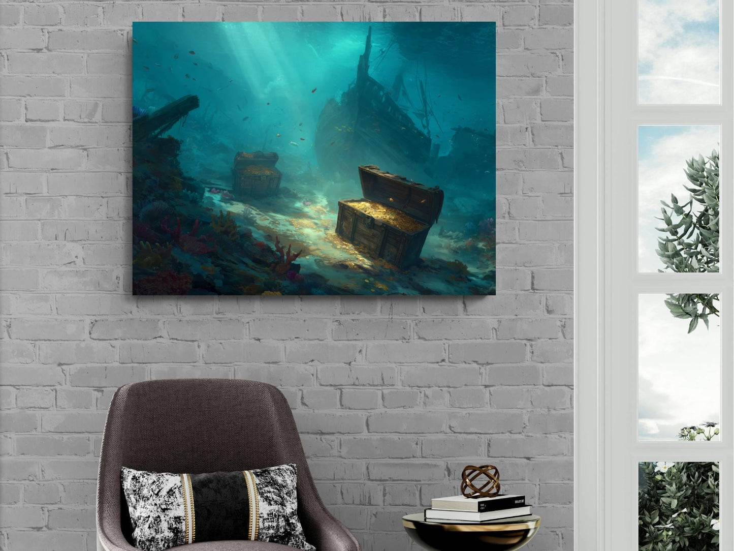 Underwater Shipwreck Treasure Canvas, Sunken Pirate Gold Print, Ocean Floor Discovery Wall Decor, Turquoise Marine Painting