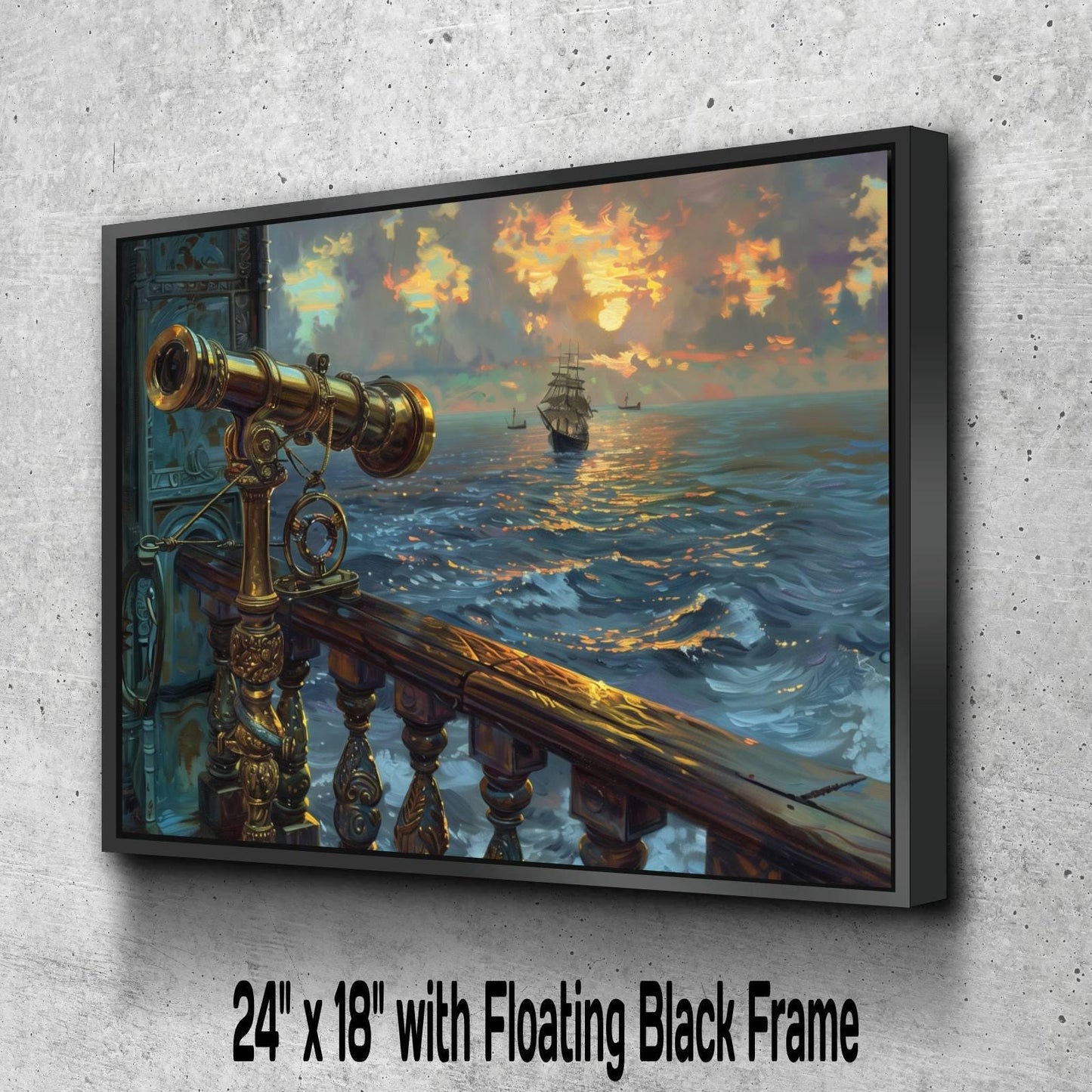 Brass Pirate Spyglass Telescope Canvas, Ornate Navigation Tool Print, Sunset Ocean View Wall Decor, Maritime Equipment Painting