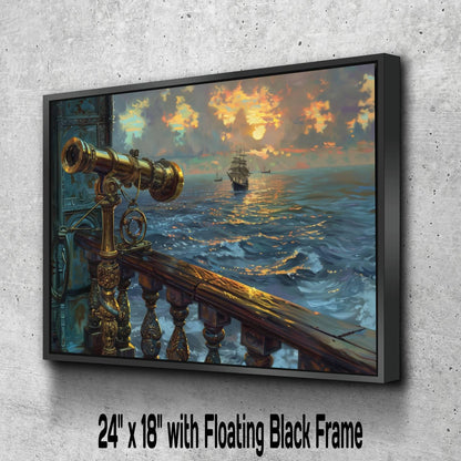 Brass Pirate Spyglass Telescope Canvas, Ornate Navigation Tool Print, Sunset Ocean View Wall Decor, Maritime Equipment Painting