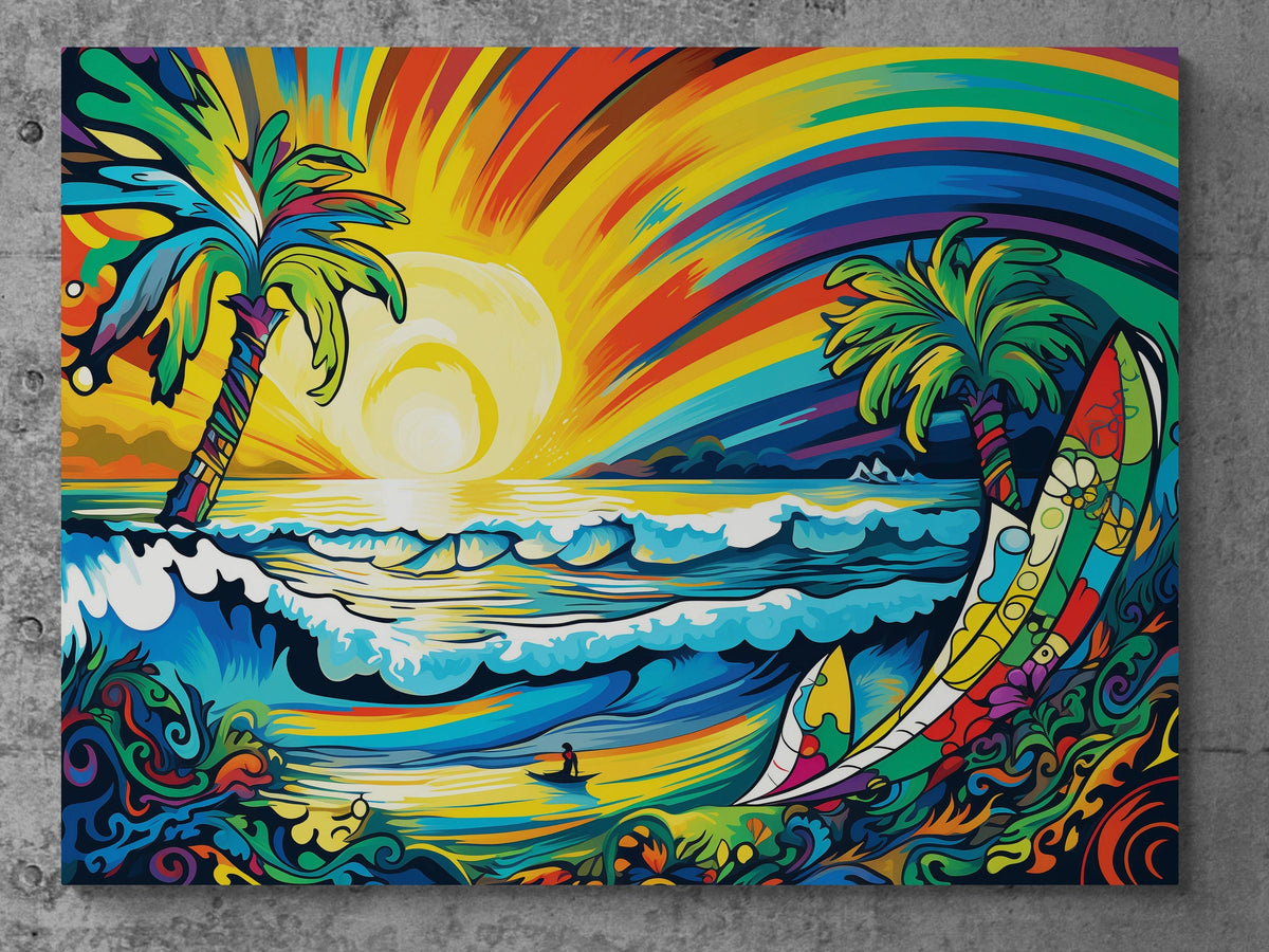 Radiant Waves Canvas Print | Lively Tropical Beach and Surfboards Art | Bohemian Decor - 02