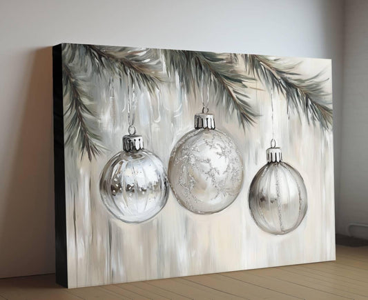 Silver Christmas Ornaments Print | Glass Baubles Evergreen Branch Art | Holiday Tree Decorations Wall Decor | Xmas Ornament Painting