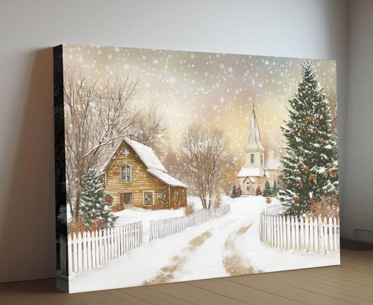 Snowy Christmas Village Print | Winter Church Scene Wall Art | Holiday Cottage Decor | Festive Snow Landscape | Xmas Tree Home Decor