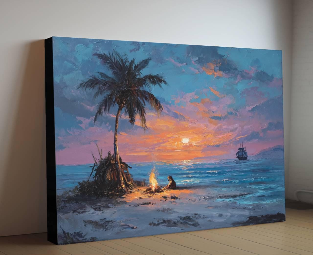 Pirate Castaway Island Canvas, Marooned Sailor Print, Deserted Beach Sunset Wall Decor, Signal Fire Oil Painting Style