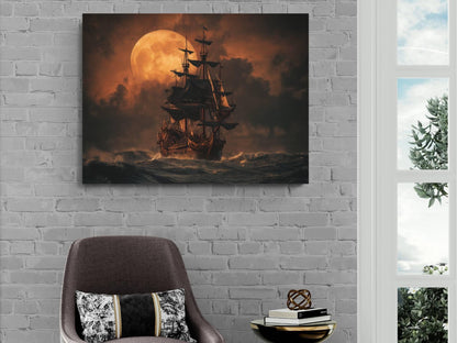 Pirate Ship Full Moon Canvas, Orange Sunset Nautical Print, Gothic Maritime Wall Decor, Stormy Ocean Sailing Artwork