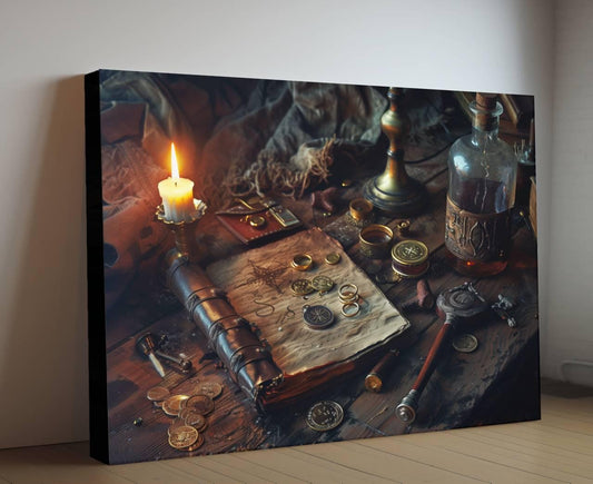 Pirate Personal Effects Canvas, Treasure Map Journal Print, Gold Coins Still Life Decor, Candlelit Maritime Belongings