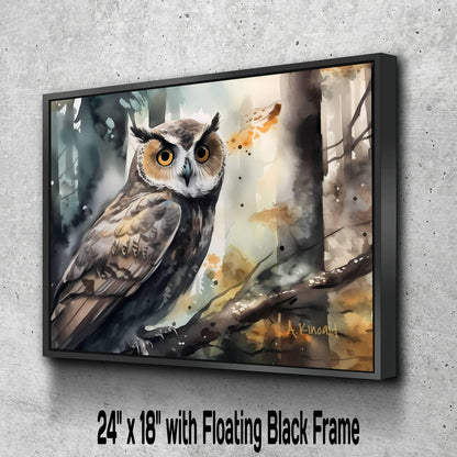 A digital painting of an owl perched on a branch in a forest setting, with a floating black frame.