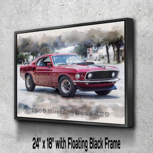 1969 Ford Mustang Boss 429 Car Canvas Print | Vintage Auto Wall Art Decor | Retro Muscle Pony Car | Car Lovers Poster Gift