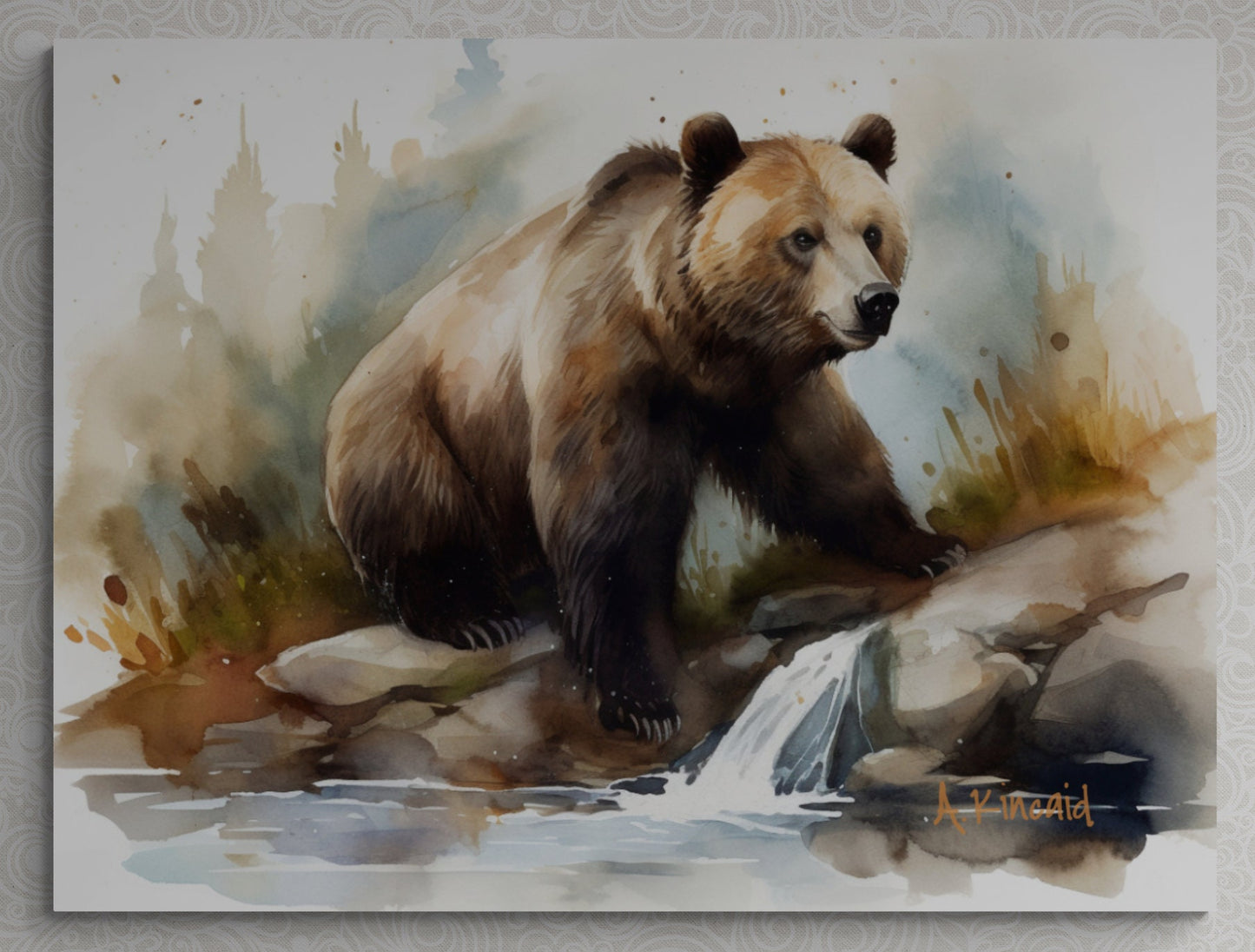 a painting of a bear standing on a rock next to a waterfall